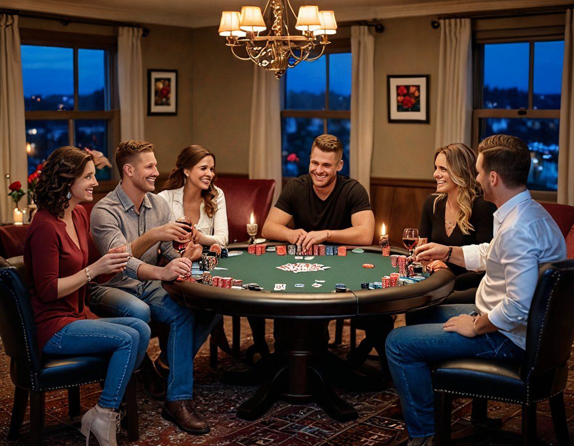 A cozy living room setting with a poker table surrounded by friends and couples, enjoying the game with laughter and smiles, some sharing kisses. The table is adorned with poker chips, cards, wine glasses, and romantic decorations like candles and roses. soft, warm lighting that enhances the intimate atmosphere. super-realistic. vibrant colors.