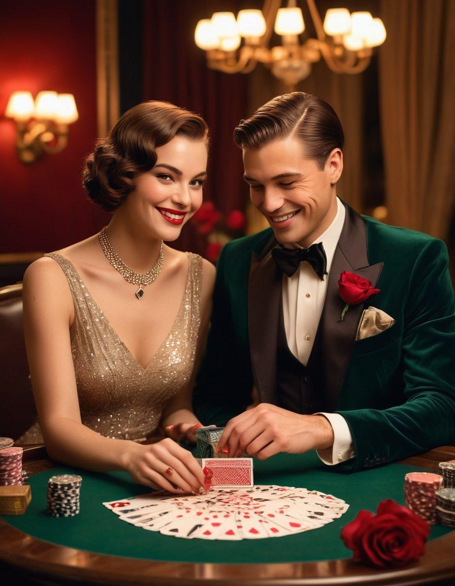 A romantic poker date setup with a couple in vintage attire, smiling and holding cards. The table is adorned with poker chips, candles, roses, and a classic deck of cards. Background includes warm lighting, heart motifs, and a touch of Gatsby-esque glamour. Art Deco style. vibrant colors. cozy atmosphere.