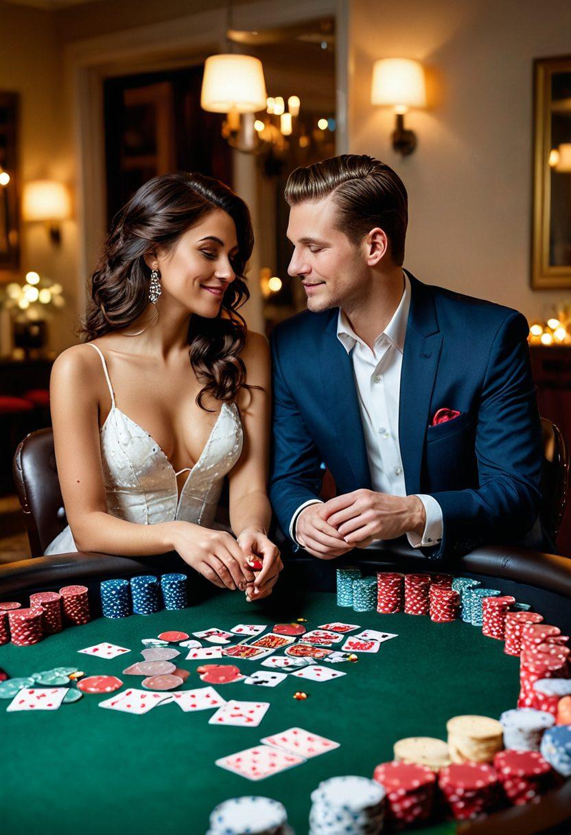 A cozy living room setting with a poker table at the center, surrounded by twinkling fairy lights and aromatic candles. A couple, dressed elegantly, shares a romantic glance while holding poker cards. Include elements like wine glasses, rose petals, and tokens/cards scattered on the table to evoke a fusion of love and gaming. vibrant colors. super-realistic. cozy ambiance.